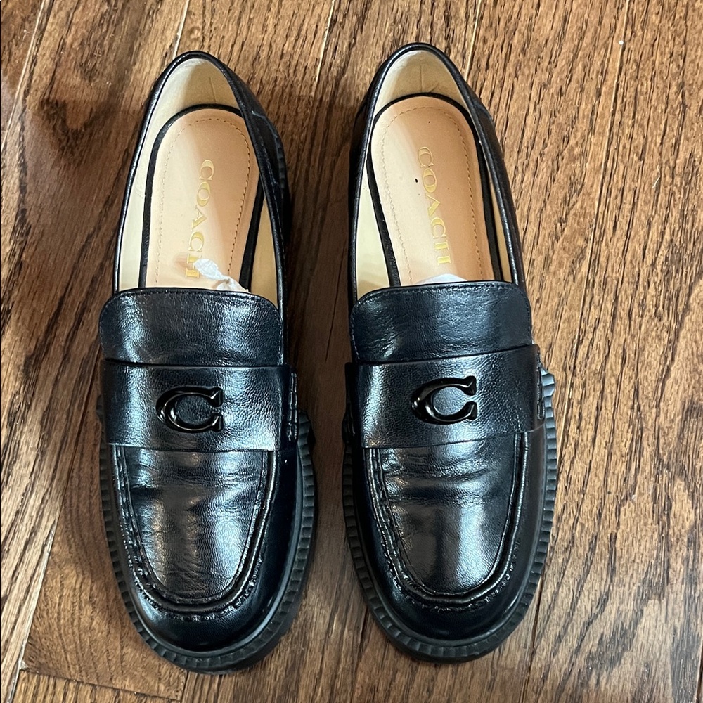 Coach Black Leather Loafers with Logo Accent